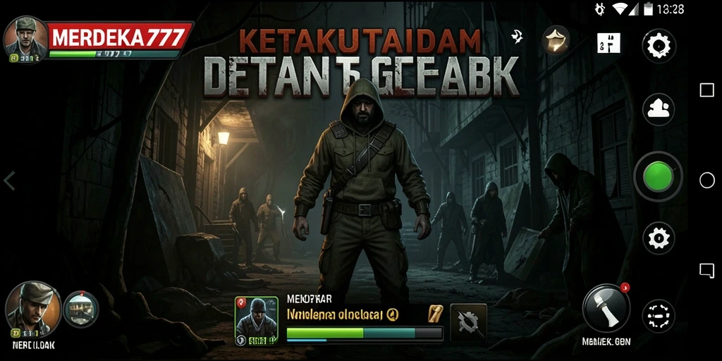 Tangkapan layar utama game MERDEKA777 yang menampilkan suasana horor mencekam.